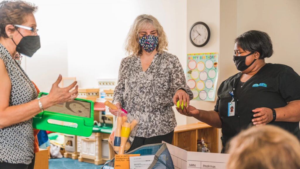 Dr. Méndez, Dr. La Paro, and grad student Amy Mejia train project participants from Children and Families First.