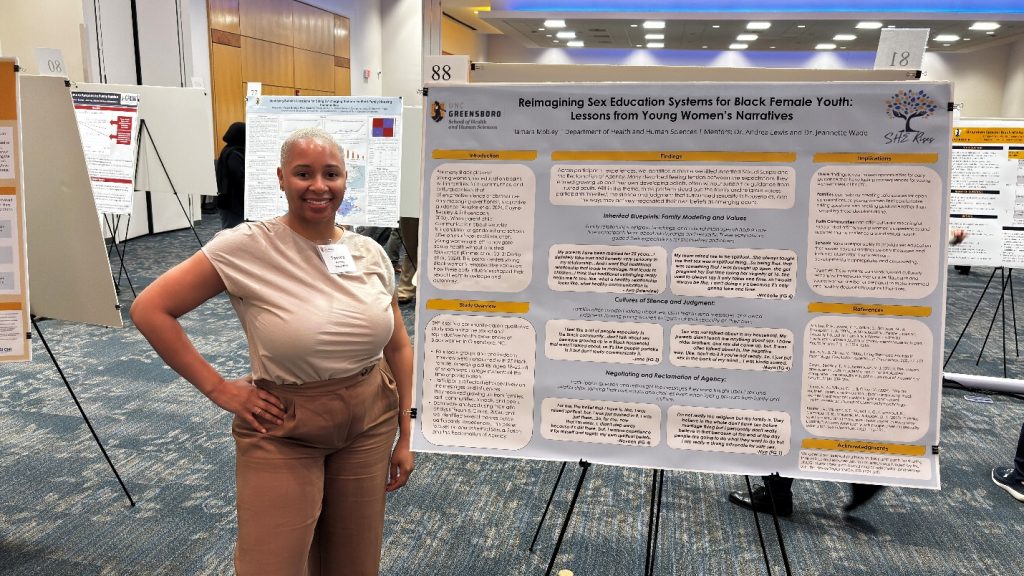 Social Work doctoral student, Tamara Mobley, presenting her SHE Rises project at the UNCG Graduate Research and Creativity Expo, 2026 
